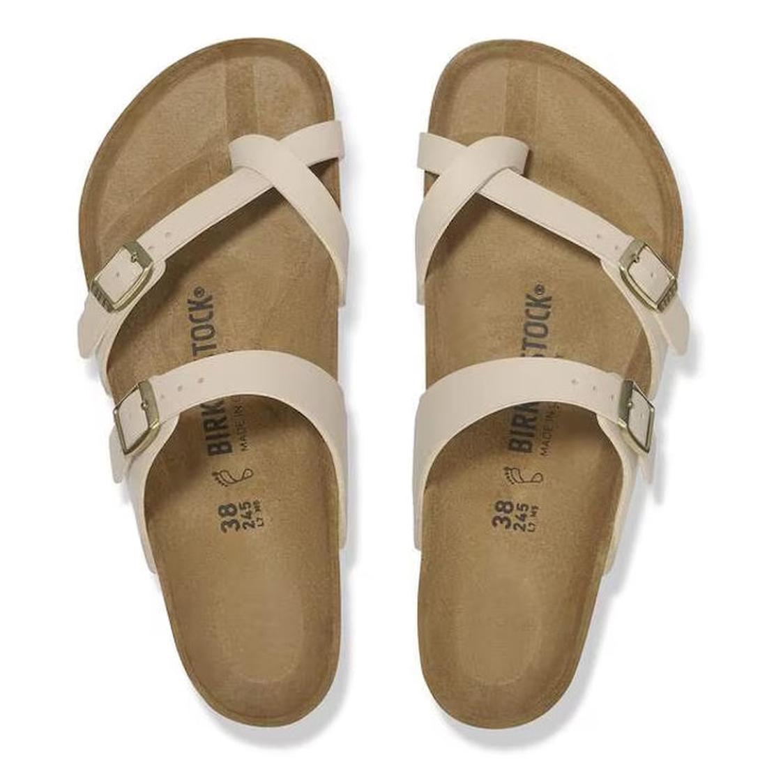 A top down view of Birkenstock mayari sandals slides showing the beige upper ona insole of teh sandal.,
4067707169030,
4067707169078,
4067707169115,
4067707169153,, 49314, 49315, 4067707169030, 4067707169078, 4067707169115, 4067707169153, 49320, 49321