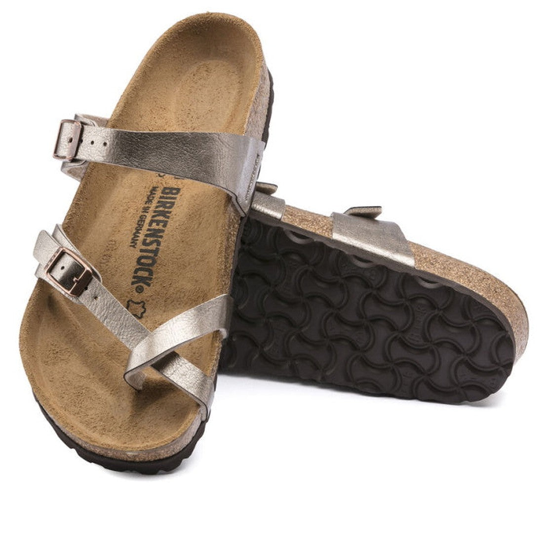 a pair of Birkenstock Mayari Metallic Graceful Taupe Regular Width- thin strappy sandals with bubkle adjustment over the foot and on the outside of the foot near the toe area. Straps cross cross over the toes and a separate strap over the top of the foot.