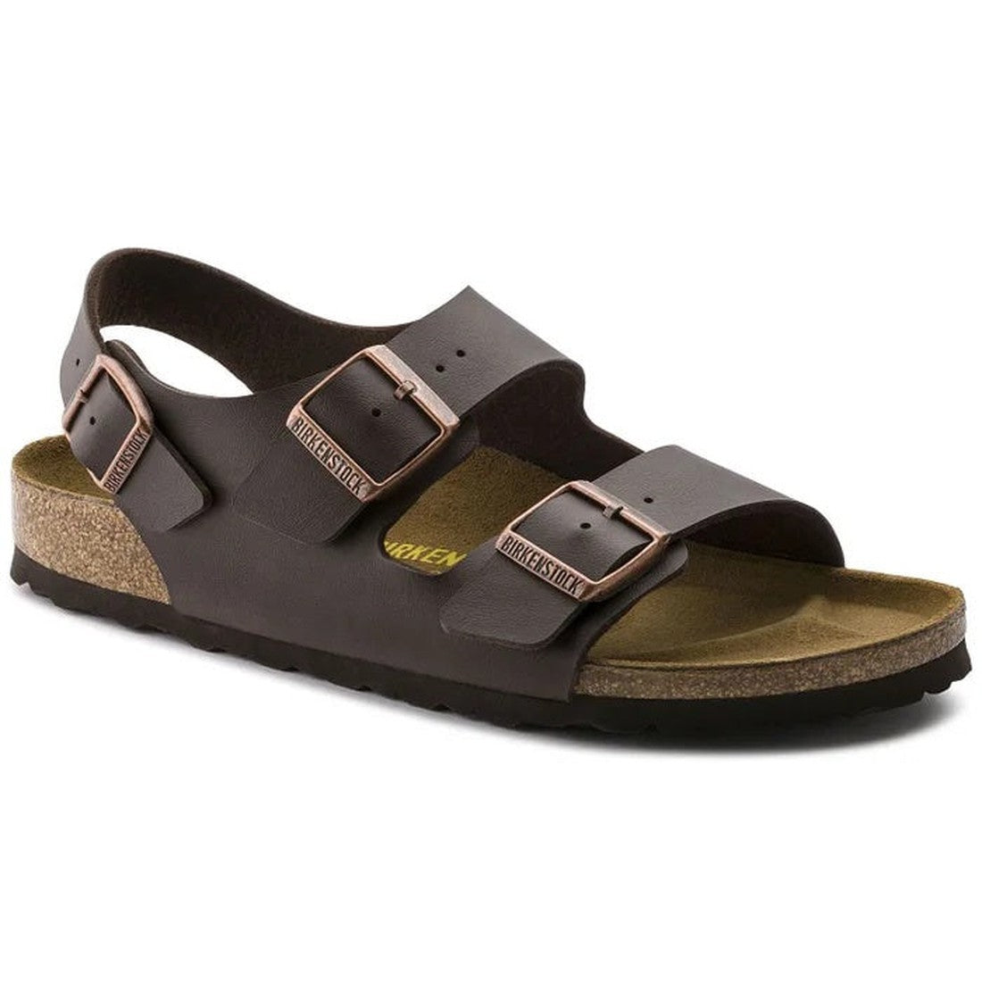 Birkenstock Milano Birko Flor Dark Brown sandal for families, with comfy cork-latex footbed, secure buckles, and sturdy rubber sole.  ksnz