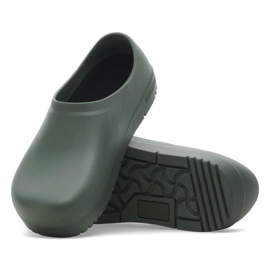 Pair of green EVA Chefs Birkenstocks in Thyme Moss Green clogs with a sightly higher back on a white background