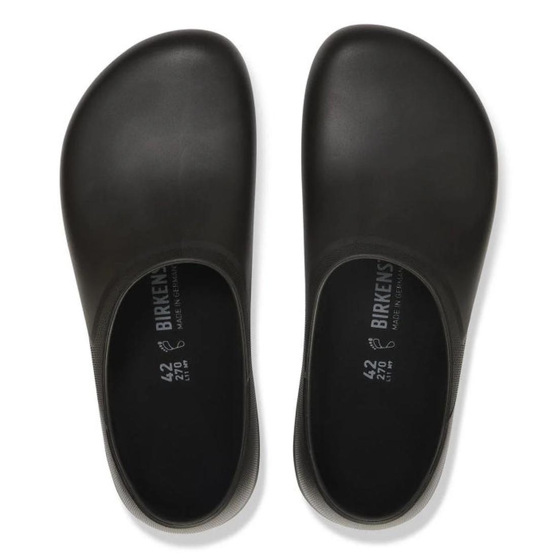 Top down view of Birkenstock Profi Birki  professional Black clogs with 'Birkenstock' branding on a white background.,
4061418842268,
4061418842305,
4061418842343,
4061418842381,
4061418842428,
4061418842466,
4061418842503,
4061418842541,
, 4061418842220,