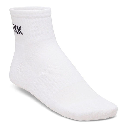 The BIRKENSTOCK Crew Ankle Sock in white cotton is shown against a plain background, featuring a small section of black text near the top cuff. Crafted from a soft cotton blend, these socks offer everyday comfort.