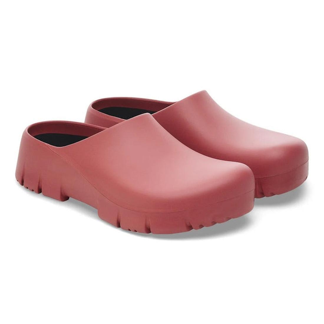 The BIRKENSTOCK Super Birki 2.0 Polyurethane Mars Red Regular Width clogs feature a chunky, slip-on design with thick, grooved soles and closed toes. Waterproof and slip-resistant, they are shown side by side on a white background., 50311, 4061418847867, 