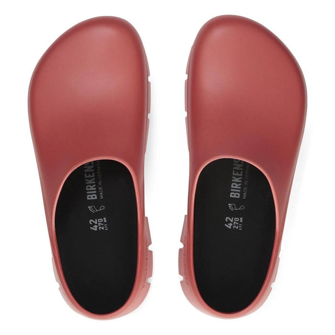 Top view of BIRKENSTOCK Super Birki 2.0 Polyurethane clogs in Mars Red (Regular Width), featuring rounded toes, black insoles, and size details with the Birkenstock logo inside each shoe., 50311, 4061418847867, 4061418847904, 4061418847942, 4061418847980,