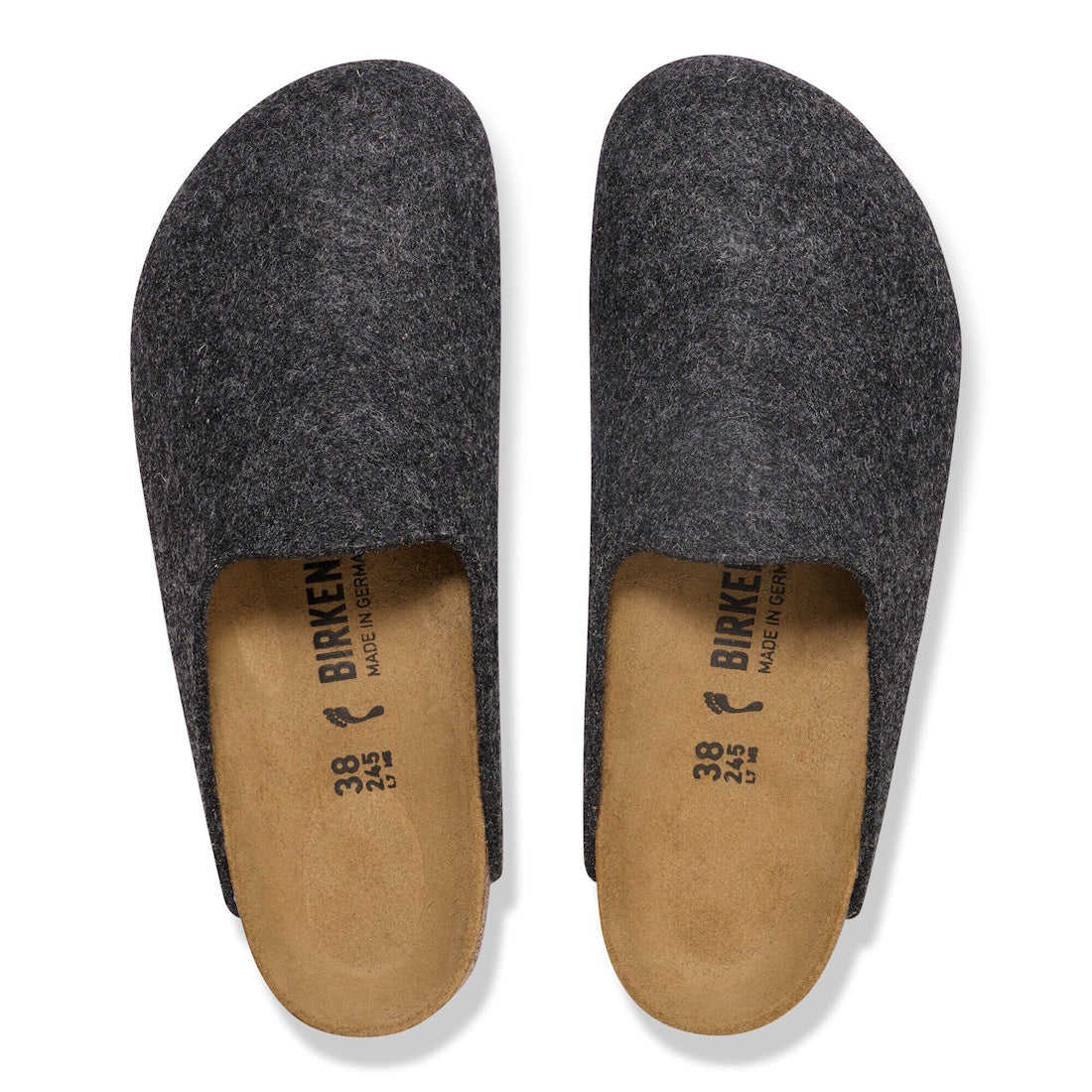 A pair of Birkenstock Amsterdam Felt Wool Clog Anthracite Grey (Regular Width) with tan cork footbeds, shown from above. The sizes and brand name are printed inside the shoes., 52004, 52005, 4067707295241, 4067707295289, 4067707295326, 4067707295364, 4067, 4067707295401, 4067707295449, 4067707295487