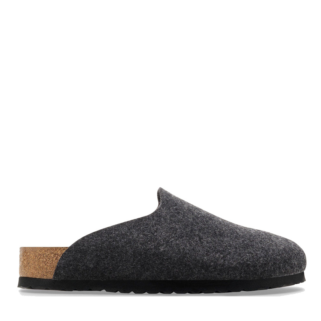 A Birkenstock Amsterdam Felt Wool Clog in Anthracite Grey, Regular Width, features a cork footbed and black rubber sole, shown in side profile on a white background., 52004, 52005, 4067707295241, 4067707295289, 4067707295326, 4067707295364, 4067707295401,, 4067707295449, 4067707295487