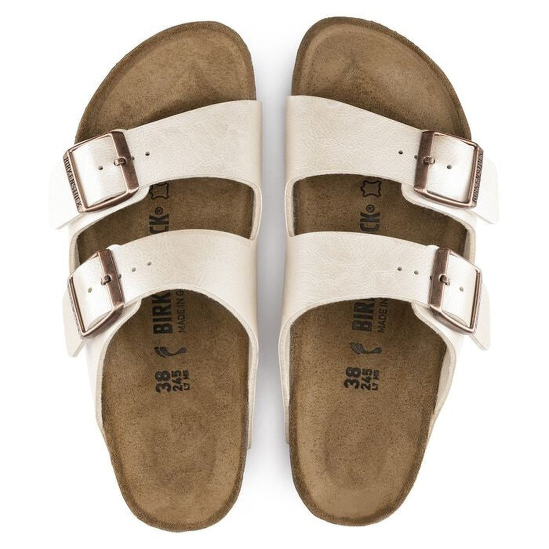 top down view showing the insole of both feet of an Arizona 2 strap sandal in graceful pearl white showing the goldl burnished looking birkenstock buckles adjustable on the 2 straps of both feet.,4044477107172,4044477107196,4044477107219,4044477107233,404