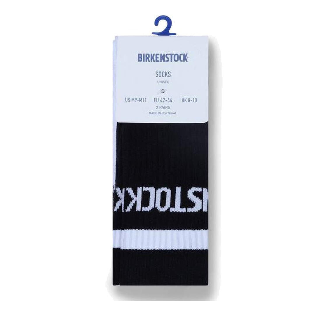 A pack of BIRKENSTOCK Crew Cotton Tennis Striped Socks (2 pairs, Black/White) made from soft cotton, packaged with a white size label and blue hook. Features part of the iconic Birkenstock logo in white text., 4067707500369, 4067707500376, 4067707500383