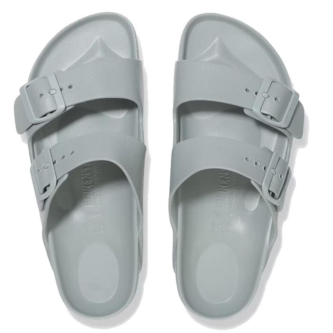 A pair of Birkenstock Arizona EVA sandals in pure sage green, narrow width, with two adjustable buckle straps on each, waterproof and inspired by the classic style, shown from above on a white background., 47527, 4067707110742, 4067707110780, 406770711082