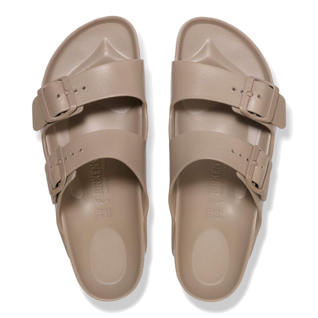 A pair of Birkenstock Arizona EVA Grey Taupe sandals with double buckled straps, contoured footbeds, and flat soles. Made from waterproof EVA in a regular fit, they’re ideal for casual wear and feature the classic Arizona design., 4067707373499, 406770737, 4067707374939, 4067707374977, 4067707375011, 4067707375059