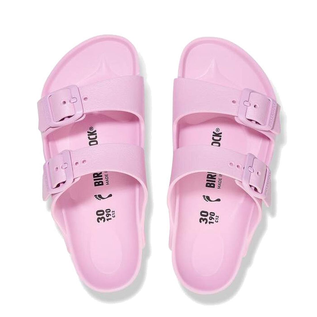 A pair of Birkenstock Kids EVA Fondant Pink Arizona Sandal Narrow Width, featuring two adjustable buckle straps, is shown from above on a white background., 49123, 49124, 4066648102342, 4066648102380, 4066648102427, 4066648102465, 4066648102502, 406664810