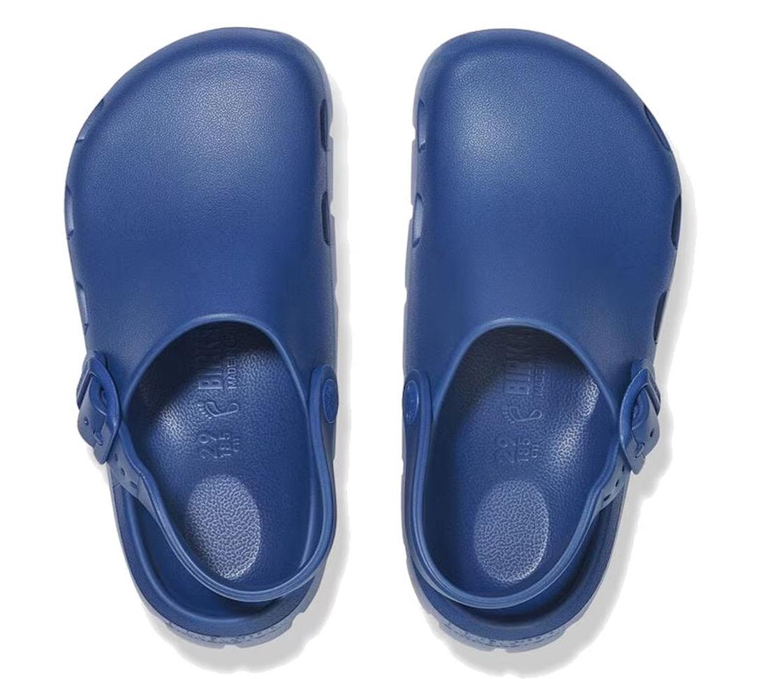 A pair of Birkenstock Kids EVA Navy Birki-Flow Clog Sandals with closed toes, supportive footbed, and adjustable heel straps, shown from above on a plain white background., 47666, 47667, 47668, 4067707092901, 4067707092949, 4067707092987, 4067707093021, 4