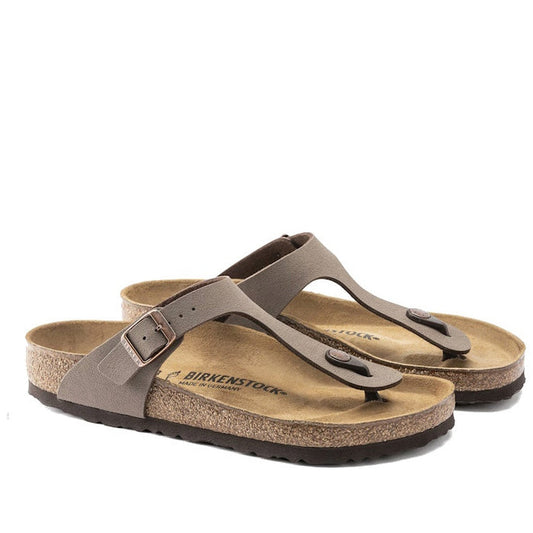 A pair of Birkenstock Gizeh Birko Flor Mocca sandals in regular width, featuring a cork footbed, adjustable straps, thong-style design, and side buckle.