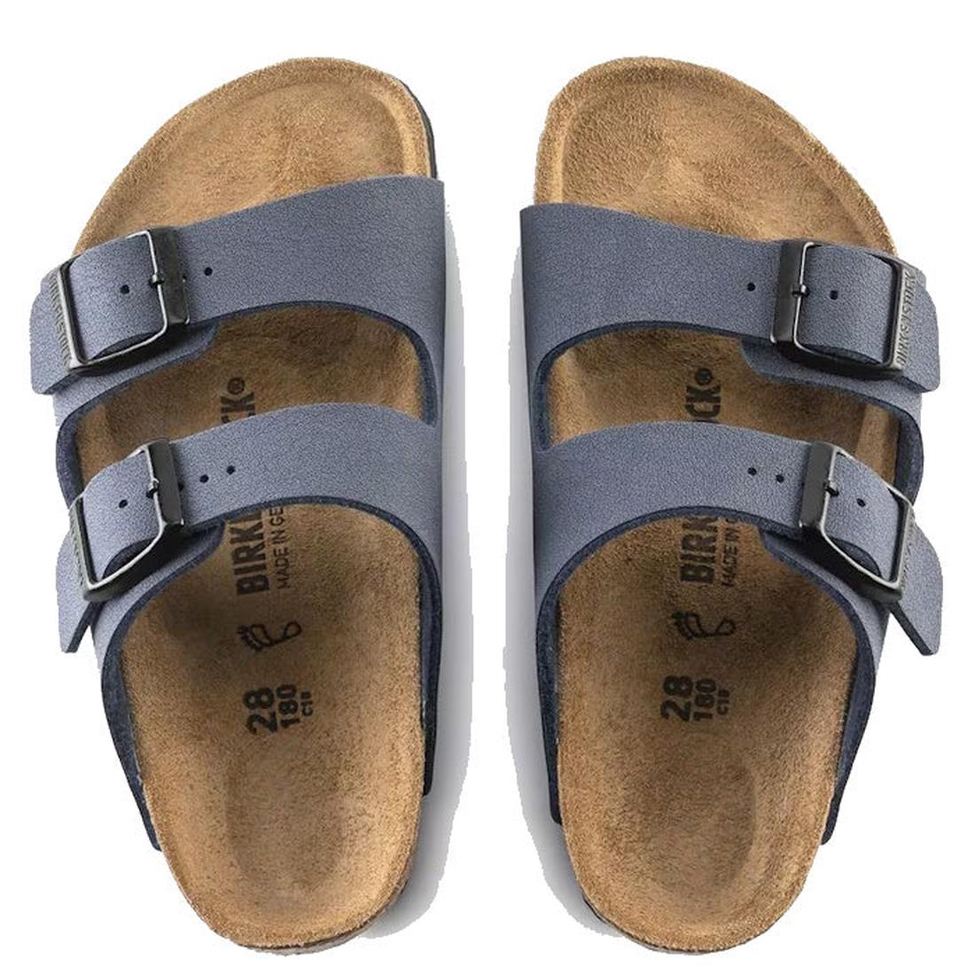 A pair of Birkenstock Kids Arizona Navy Birkibuc Narrow Slides with two adjustable straps and buckles, shown from above on a white background. Features the signature cork-latex footbed for comfort., 47504, 47505, 47506, 47507, 4052001281762, 4052001281779