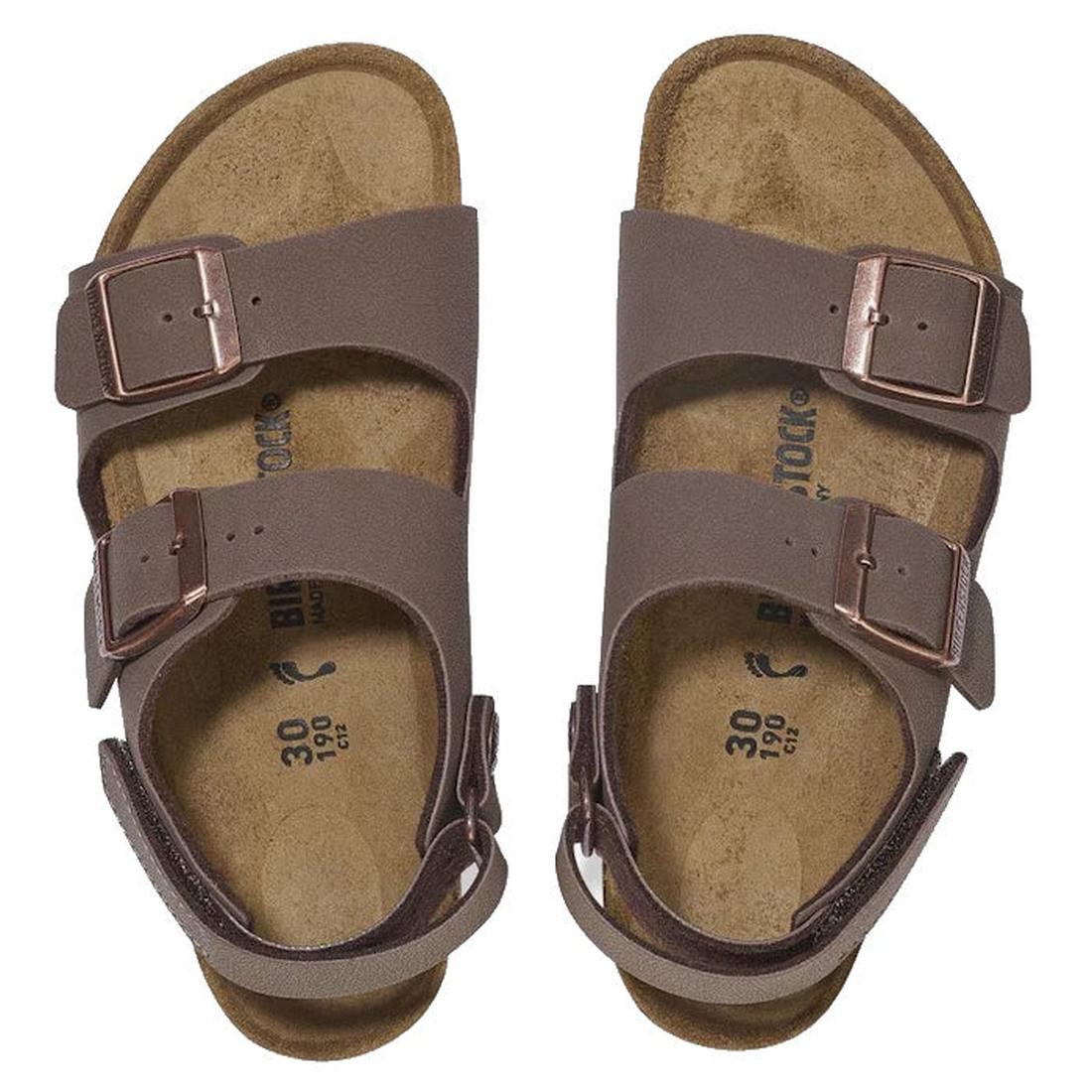A pair of Birkenstocks Kids Milano AS Birkibuc Mocha Back Strap Sandals with two adjustable buckles, backstrap, and supportive cork-latex footbed in a brown color, shown from above on a white background., 47520, 47521, 47522, 4067707041282, 4067707041329,
