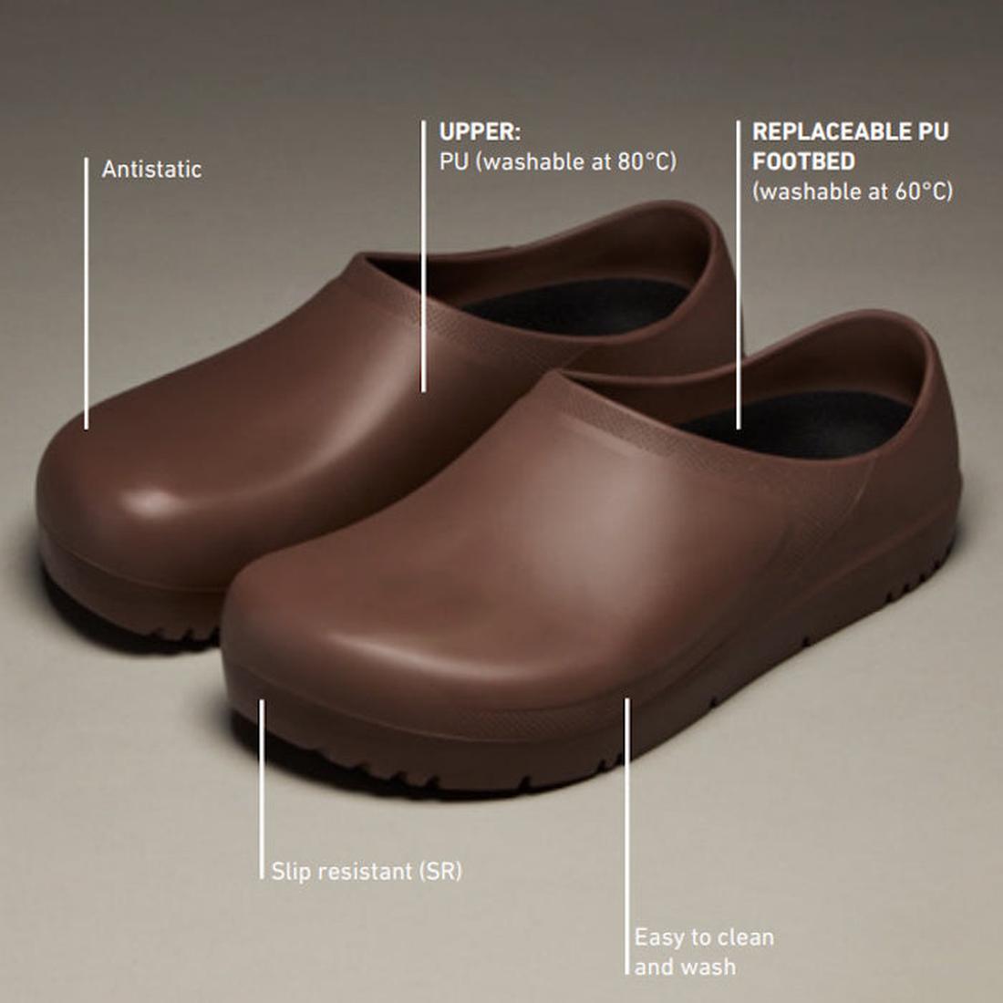 The Birkenstock Profi Birki 2.0 Polyurethane Mocca Brown (Regular Width) is a kitchen clog with antistatic properties, washable PU upper (80°C), replaceable PU footbed (60°C), slip resistance, and easy-to-clean design., 47704, 4061418843425, 4061418843463