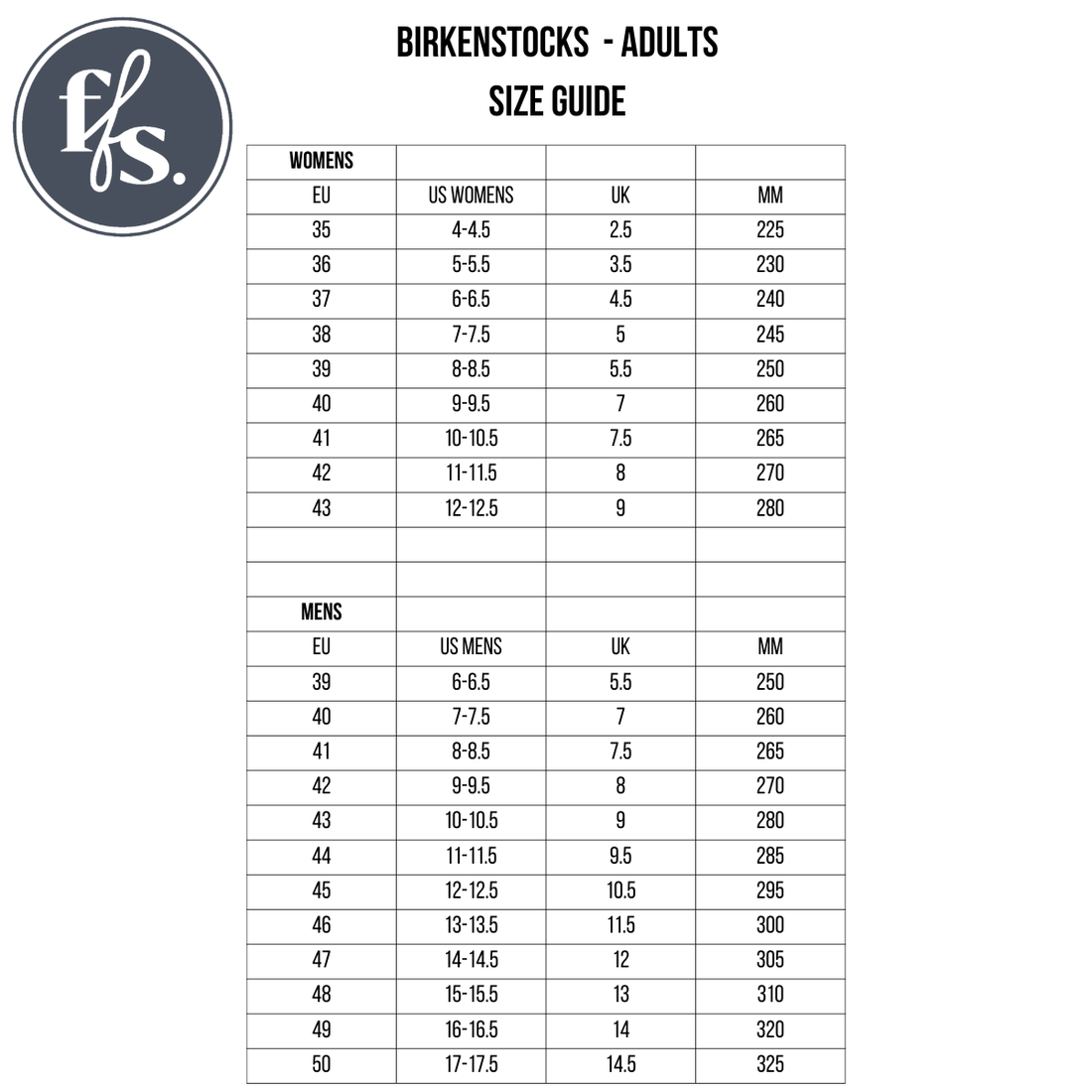 Find your fit with the BIRKENSTOCK Arizona Birko Flor Balsat Grey Regular Width 2 Strap Sandal size guide, featuring EU, US women’s/men’s, UK, and mm conversions for women (35–43) and men (39–50), plus the signature cork-latex footbed., 51737, 51738, 5173