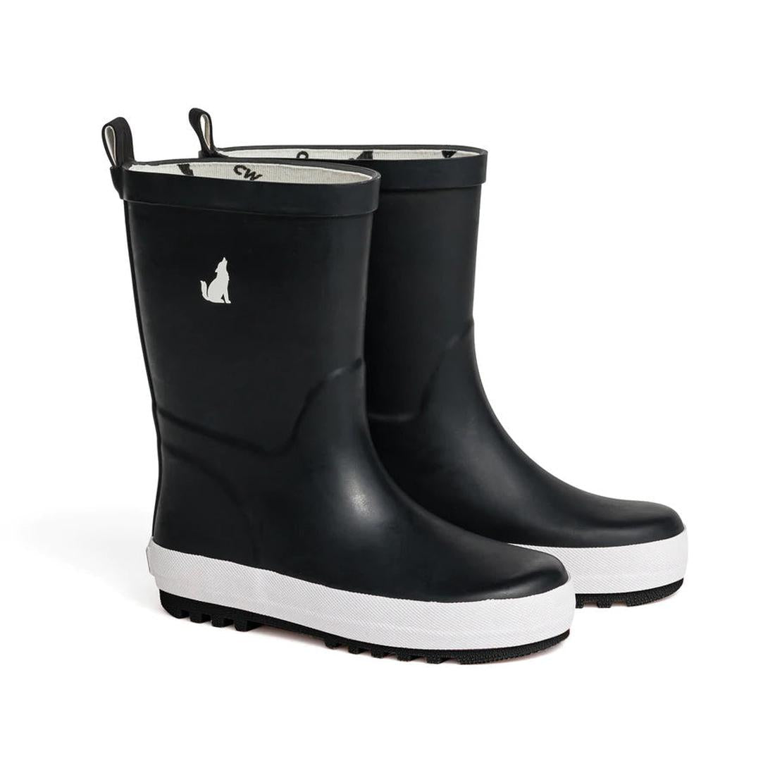 CryWolf Rain Boots Black by Cry Wolf are cozy kids’ black rain boots with white soles, a playful wolf logo, and easy pull-on tabs.  ksnz