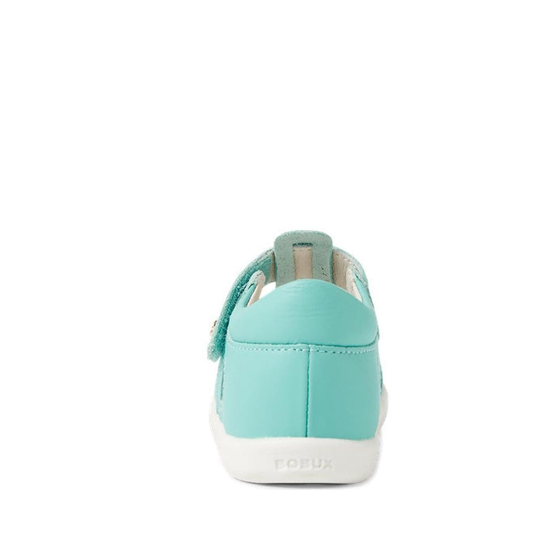A Bobux Iwalk IW Quick Dry Tidal Sandal in Pool Blue for children, shown from the back with a white sole, side Velcro strap, and BOBUX embossed on the heel., 9420068557796, 9420068557802, 9420068557819, 9420068557826, 9420068557833