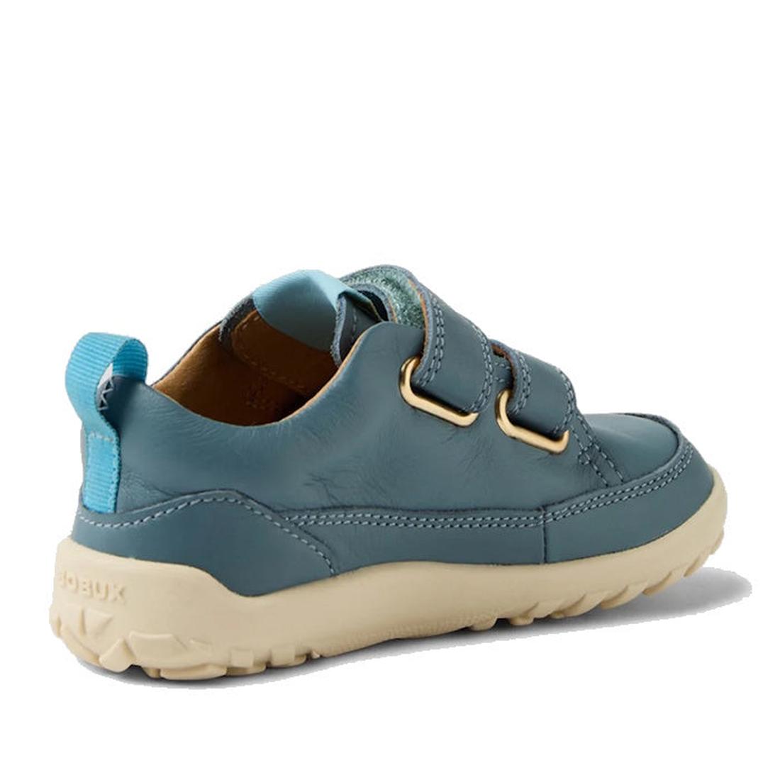 Bobux IW Iwalk Dawn Toddlers Leather Sneaker in Stormy Weather Blue, with beige soles, velcro straps, and a comfy barefoot fit.  ksnz