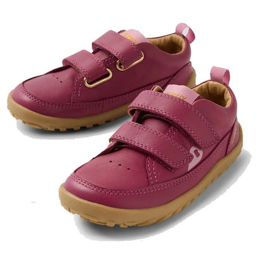 Bobux IW Iwalk Dawn Toddlers Leather Sneaker in soft pink, with tan zero-drop soles, handy velcro straps, and pull tabs.  ksnz