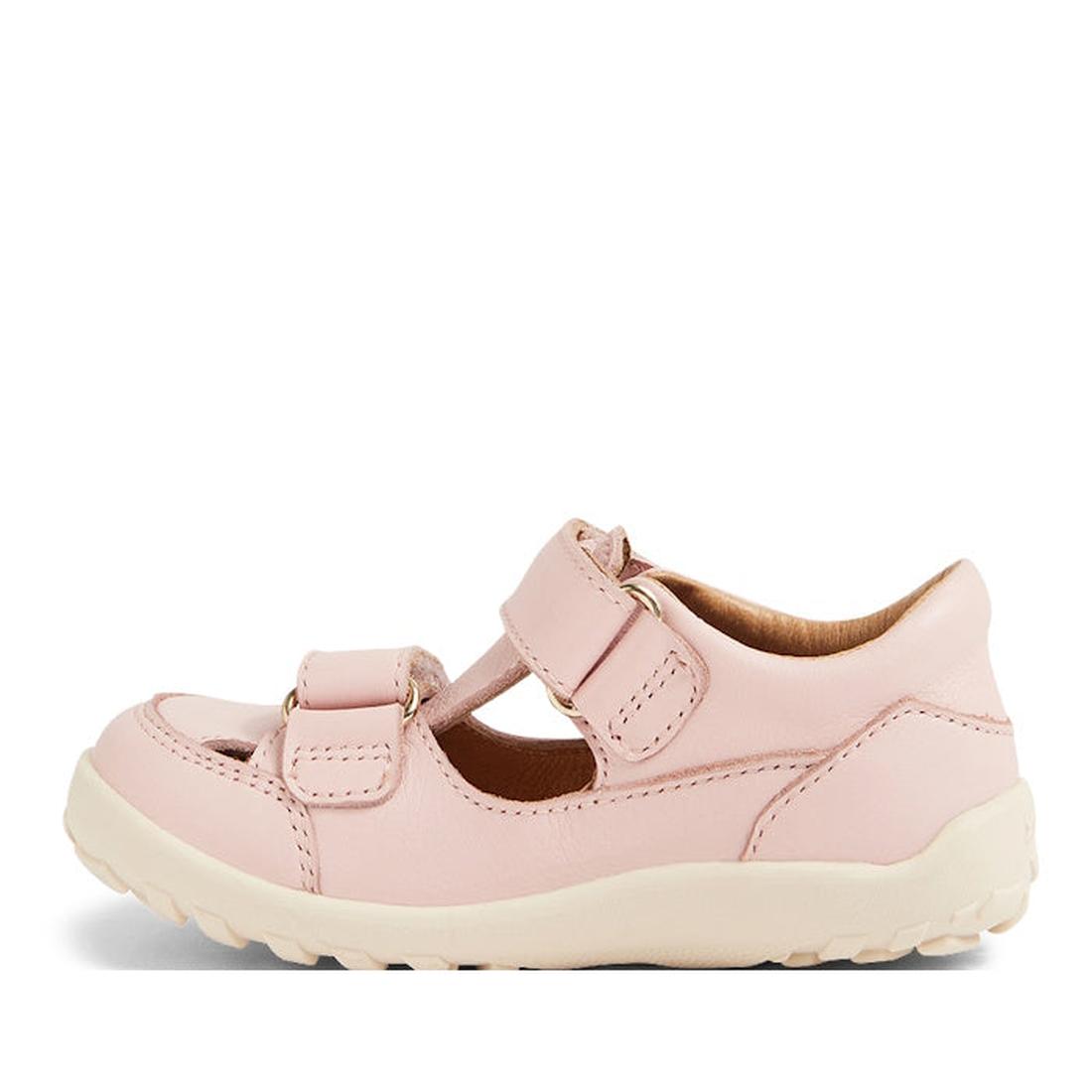 The Bobux IW Iwalk Troop Toddlers Leather Sandal in Cameo Rose Pink features two adjustable Velcro straps, a closed toe, and a sturdy zero drop cream sole—ideal for everyday comfort and active toddlers., 46383, 9420068562561, 9420068562578, 9420068562585,