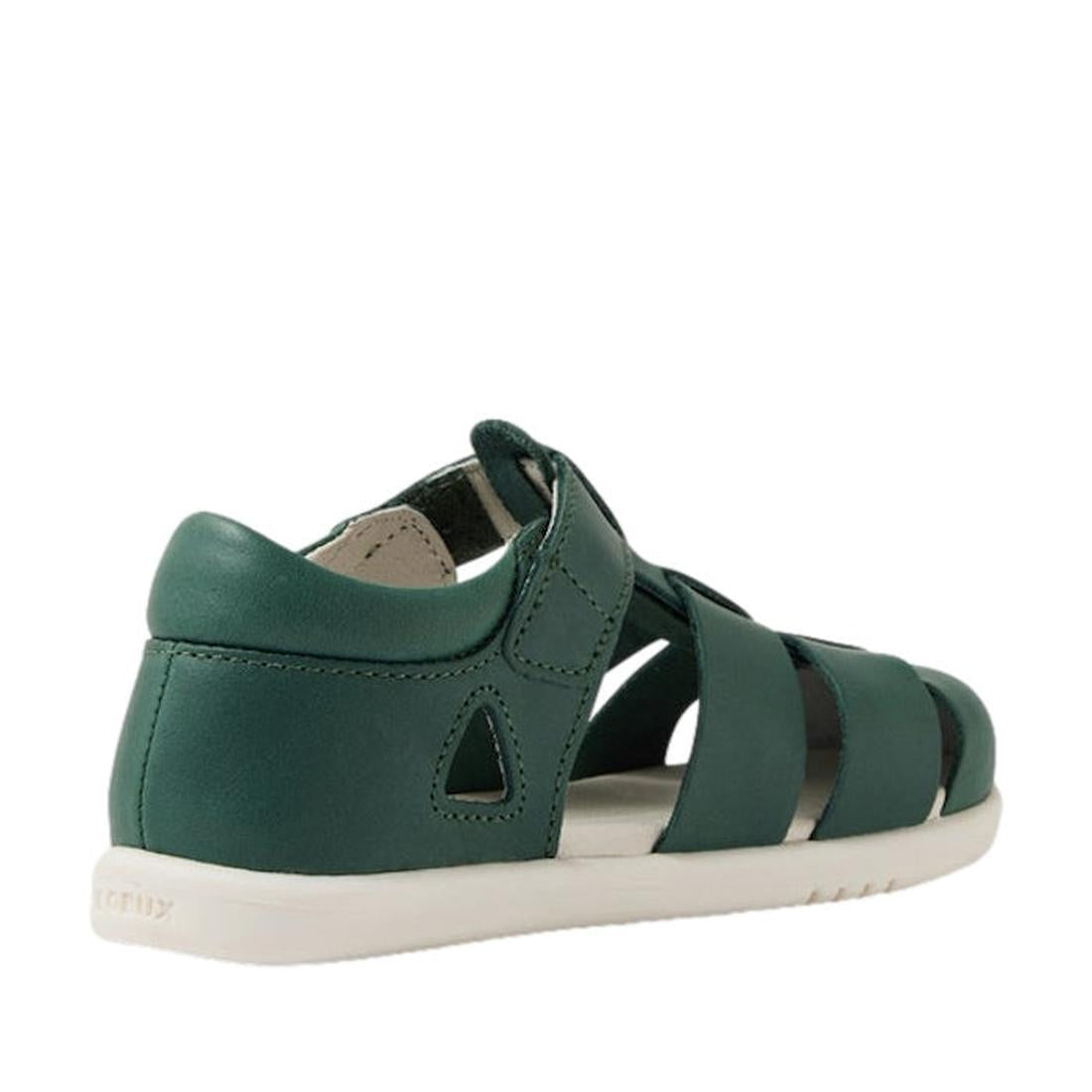 The Bobux Iwalk IW Quick Dry Tidal Closed Toe Sandal in Rainforest Green has a closed heel, open sides, a white rubber sole, multiple straps, and an ankle Velcro closure. Made from quick-dry leather for comfort and convenience., 9420074811301, 94200748113