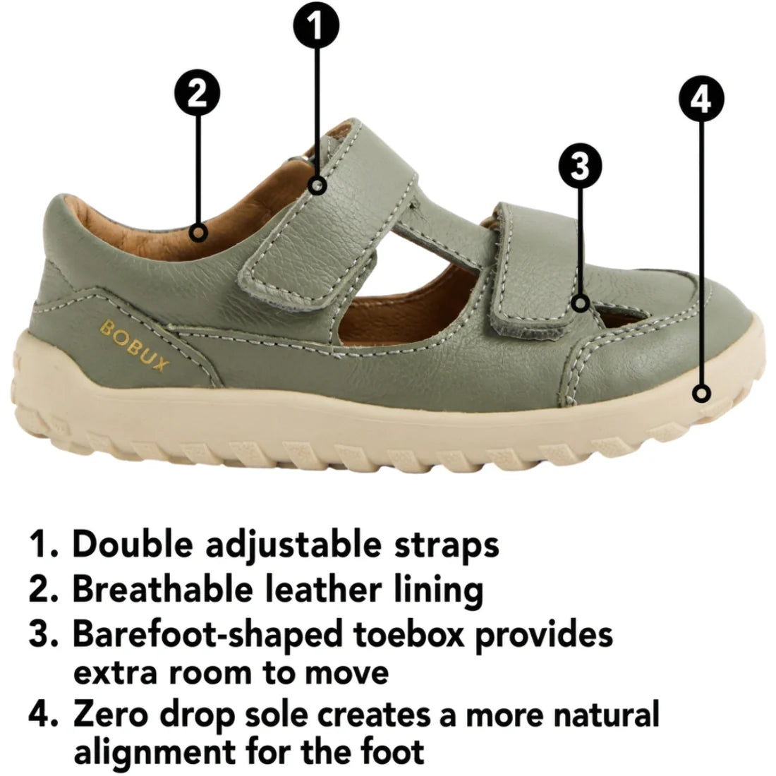 Introducing the Bobux IW Iwalk Troop Toddlers Leather Sandal in Dazzling Blue: a children’s sandal inspired by barefoot shoes, featuring two adjustable straps, a breathable leather lining, a barefoot-shaped toe box for extra room, and a zero drop sole tha