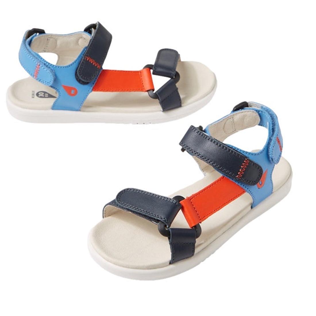 The Bobux Kid+ Plus Vine Leather Navy Open Toe Sandal Junior features blue, orange, and navy water-friendly leather straps, beige soles, adjustable Velcro fastenings, an open-toe design, and padded ankle support for all-day comfort.