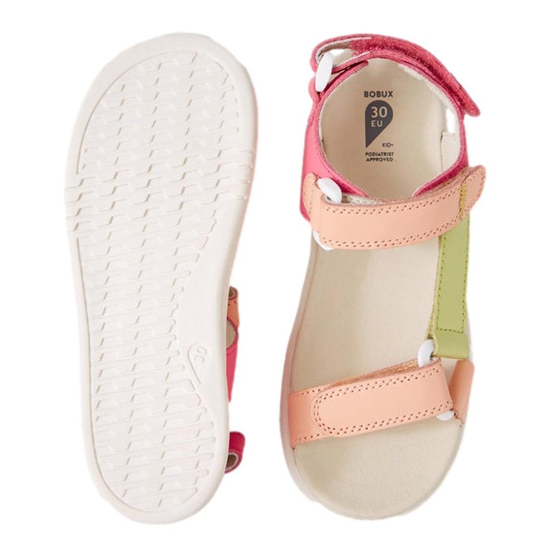 The Bobux Kid+ Plus Vine Leather Pink Lemonade Open Toe Sandal Junior features pastel pink, peach, and green leather straps with white buttons, Velcro closures, and a textured light sole—ideal summer sandals for kids., 9420074820495, 9420074820501, 942007