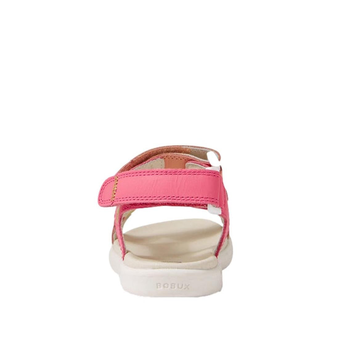 A rear view of the Bobux Kid+ Plus Vine Leather Pink Lemonade Open Toe Sandal Junior, a kids' sandal with a pink velcro strap, white sole, and "BOBUX" on the heel, displayed against a plain white background., 9420074820495, 9420074820501, 9420074820518, 9