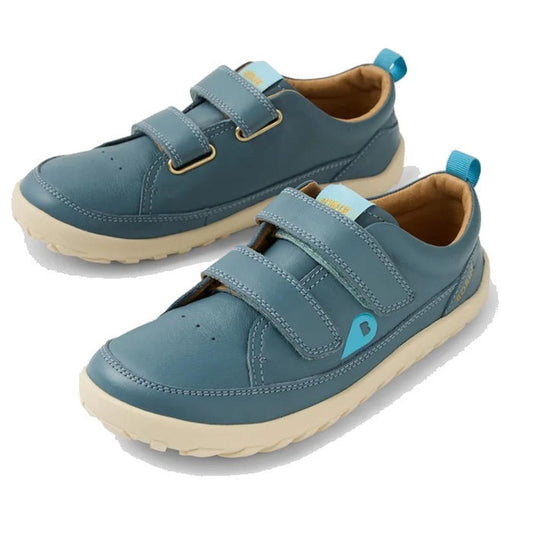 Bobux Kid+ Dawn Leather Sneaker in Stormy Weather Blue: kid-friendly leather shoes with beige zero-drop soles and easy velcro straps.  ksnz