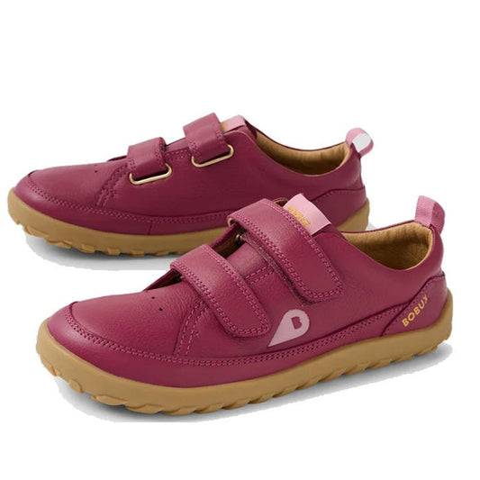 Bobux Kid+ Dawn Leather Sneaker in Beaujolias Purple – comfy purple leather shoes for kids with beige soles and easy Velcro straps.  ksnz