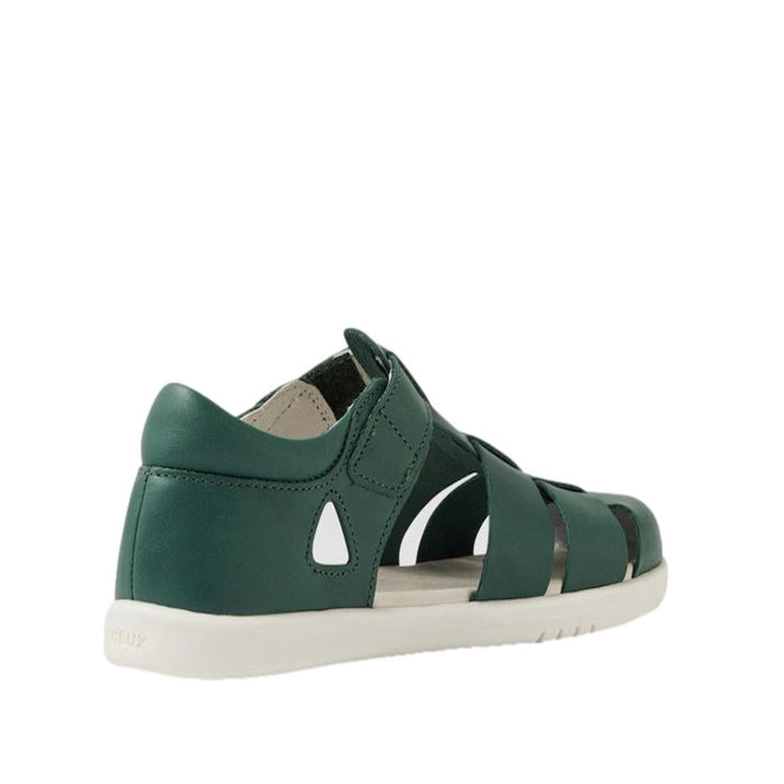 The Bobux Kids Plus KP Juniors Tidal Quick Dry Sandal in Rainforest Green is a dark green kids’ closed-toe sandal with a closed heel, white sole, open sides, Velcro strap, and small white accents near the heel and midsole., 9420074811356, 9420074811363, 9