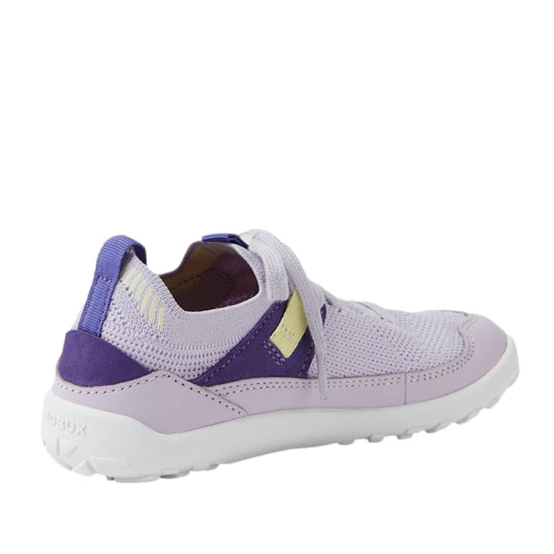 The Bobux Kid+ Meta Knit Barefoot Sneaker in Thistle Lavender for juniors features light purple mesh, darker purple and yellow accents, a white flexible non-slip outsole, and a heel loop, shown angled to display the outer side and back., 9420074835949, 94