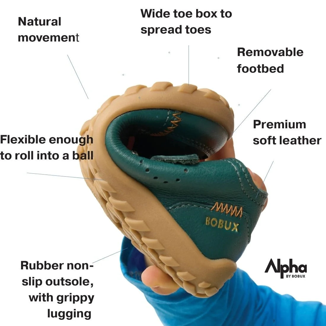 A hand bends a navy and tan Bobux Kid+ Plus KP Neo Leather Sneaker Alpha to demonstrate its flexibility. Labels highlight features: natural movement, barefoot-shaped toe box, wide toe box, removable footbed, premium leather construction, rubber non-slip o