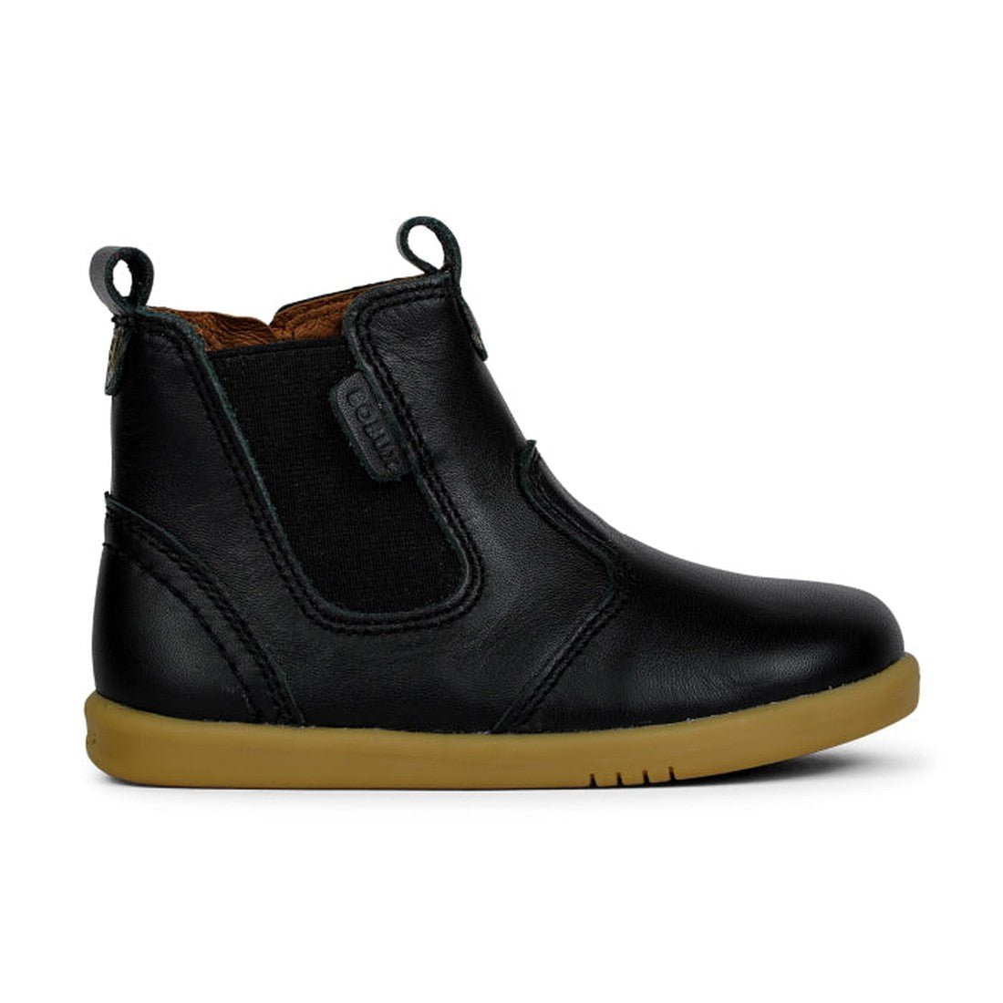 The Bobux Iwalk Jodphur Outback Boot Black 620828A is a stylish unisex children's boot with black leather, side elastic panel, front and back pull tabs, brown lining, and a light brown rubber sole—perfect for first-walkers., 9420062046777, 9420062046784, 