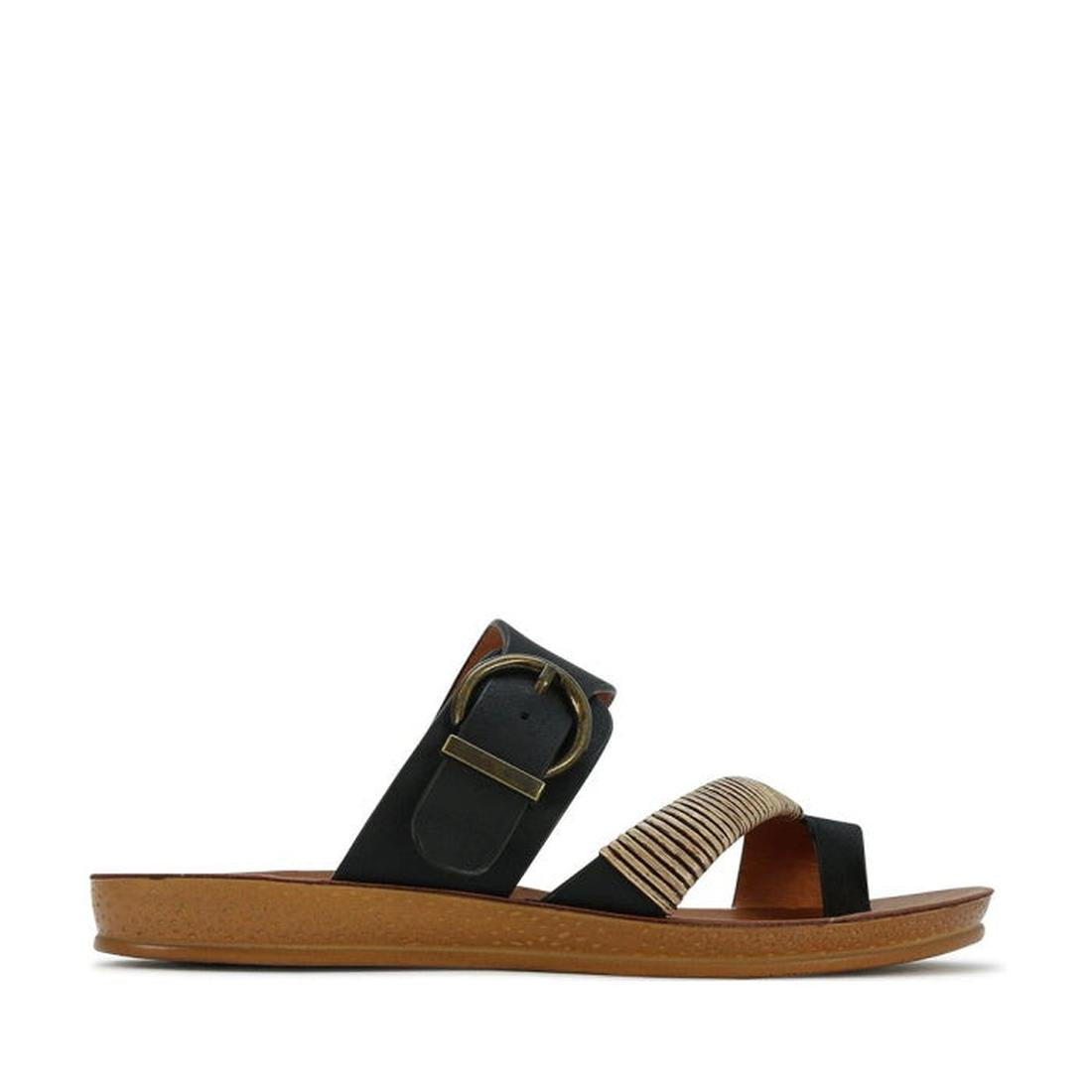 The Los Cabos Bria Black Light Flexible Sandal Jandal features a wide black strap with a gold buckle and a tan woven strap on a brown sole—ideal for casual summer style., 9321191053158, 9321191053165, 9321191053172, 9321191053189, 9321191053196, 932119105