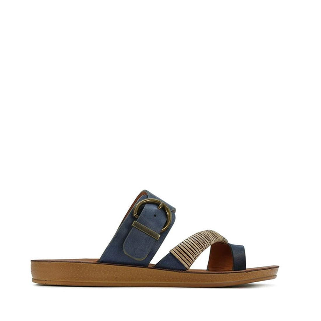 The Los Cabos Bria Blue Light Flexible Sandal Jandal Navy features a brown sole, navy straps, a large metallic buckle, and a beige front accent—ideal for women seeking stylish summer footwear., 236222, 9321191161815, 9321191161822, 9321191161839, 93211911