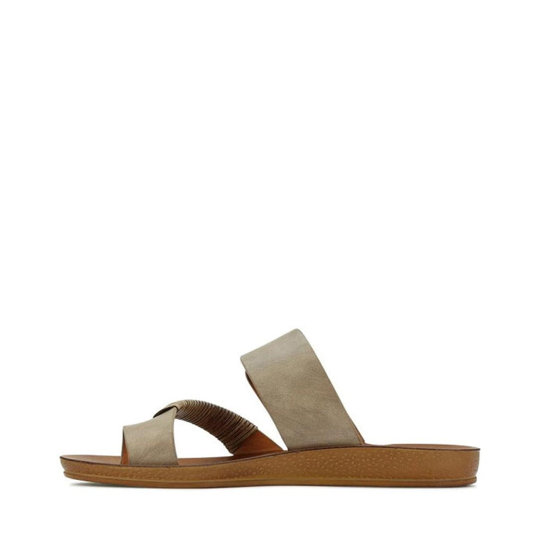 The Los Cabos Bria Taupe Light Flexible Sandal Jandal features two wide leather straps with ruched detail, a brown sole, and a breezy summer vibe—shown in side profile view and perfect for warm days., 9321191053509, 9321191053516, 9321191053523, 932119105