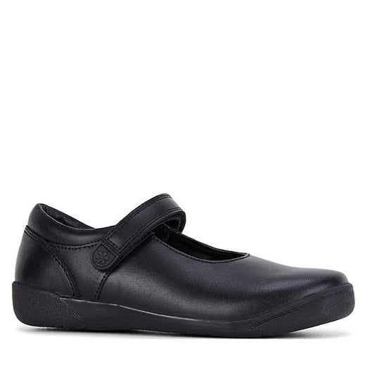 A single Clarks Berry Leather Mary Jane School Shoe in black, featuring a leather upper, hook-and-loop strap, rounded toe, and small flat heel, is displayed against a plain white background.