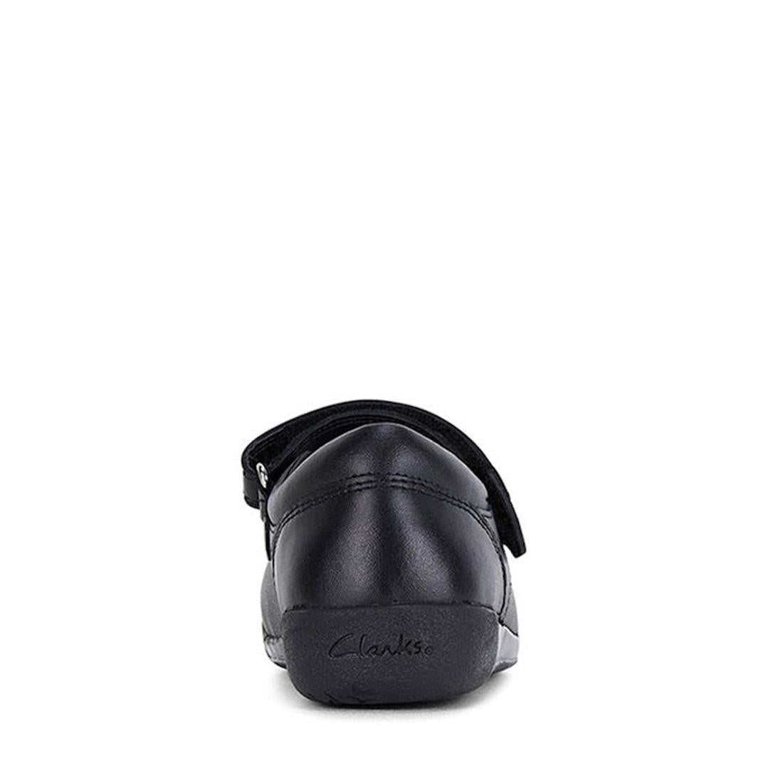 A rear view of Clarks Berry Leather Mary Jane School Shoes in black, highlighting the heel, stitched details, and the embossed Clarks logo on the sole., 34967, 34968, 9314300039600, 34970, 9314300039648, 9314300039662, 34973, 9314300039709, 9314300039723,
