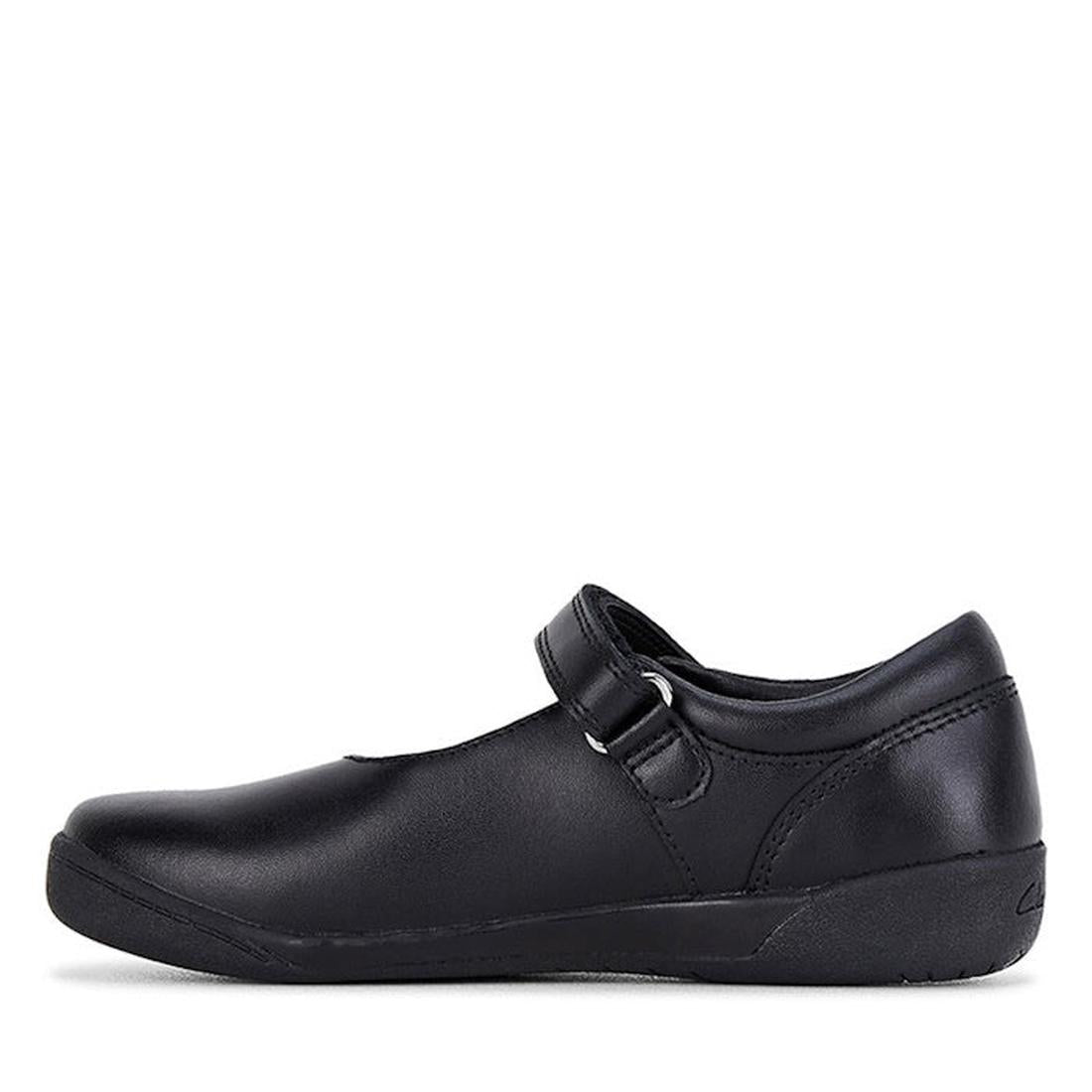 Clarks Berry Leather Mary Jane School Shoes in black feature a rounded toe, low heel, and single hook-and-loop strap. Shown in side view on a white background., 34967, 34968, 9314300039600, 34970, 9314300039648, 9314300039662, 34973, 9314300039709, 931430