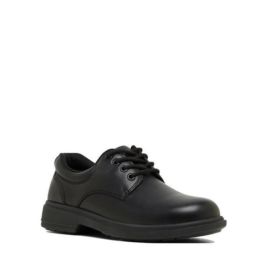 The Clarks Dynamo Black Leather Lace Up School Shoe E Average Width features a single black genuine leather dress shoe with a low heel and rounded toe, ideal for school, displayed on a white background.