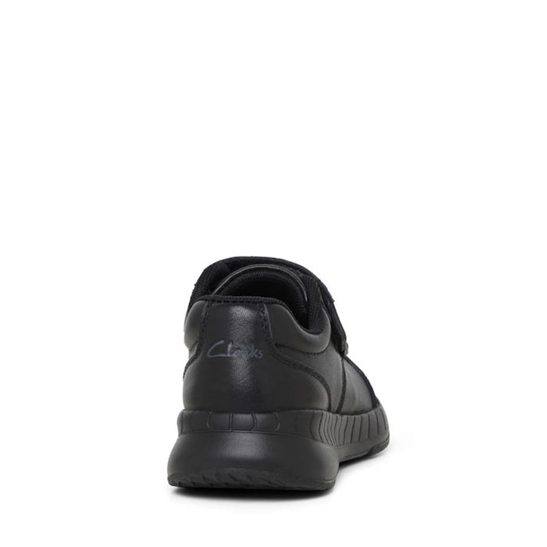 A rear view of the Clarks Hurry Black Leather School Shoe shows a thick sole, scuff-resistant toe, and Clarks logo on the heel, set against a white background., 34987, 34988, 34989, 34990, 9336078625489, 9336078625502, 9336078625526, 9336078625540, 933607