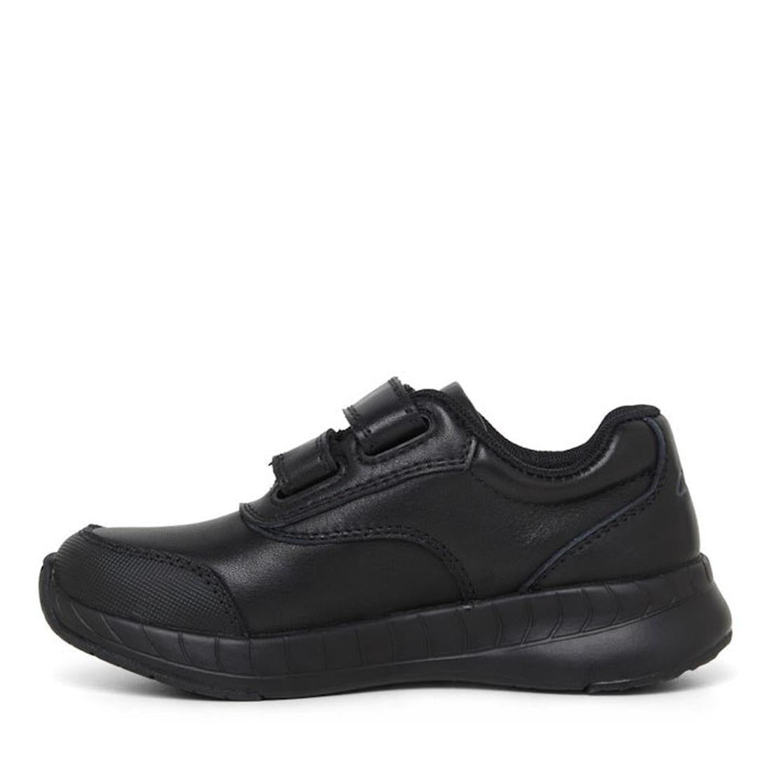 The Clarks Hurry Black Leather School Shoe features a black leather and synthetic low-cut design, textured sole, rounded scuff-resistant toe, and two Velcro straps for durability and comfort every day., 34987, 34988, 34989, 34990, 9336078625489, 933607862