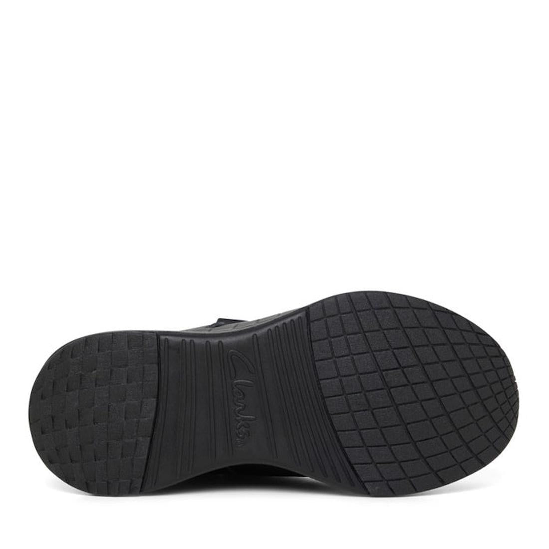 The image shows the black rubber sole of the Clarks Hurry Black Leather School Shoe with a textured tread and embossed branding, highlighting its durability—ideal for school with features like a self-fastening strap., 34987, 34988, 34989, 34990, 933607862