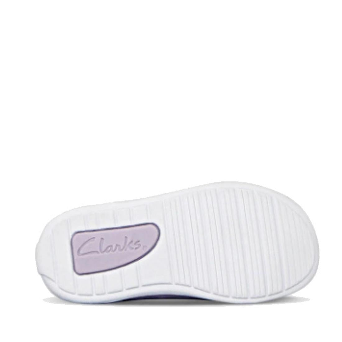 The image shows the sole of the Clarks Toddlers Macy Lilac Leather Trainer, a comfortable kids’ sneaker with a white textured pattern and a light purple rectangular heel section embossed with the Clarks logo., 9336078203618, 9336078203656, 9336078203694, 