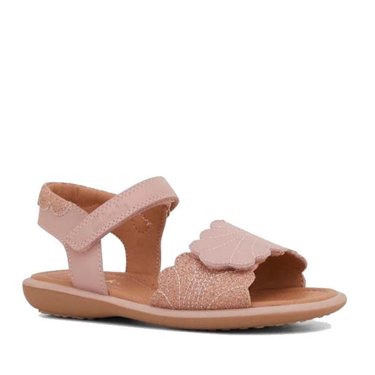 Clarks Girls Paula Rose Glitter Sandal in pink with seashell straps, closed heel, flat sole, and easy hook-and-loop ankle closure.  ksnz