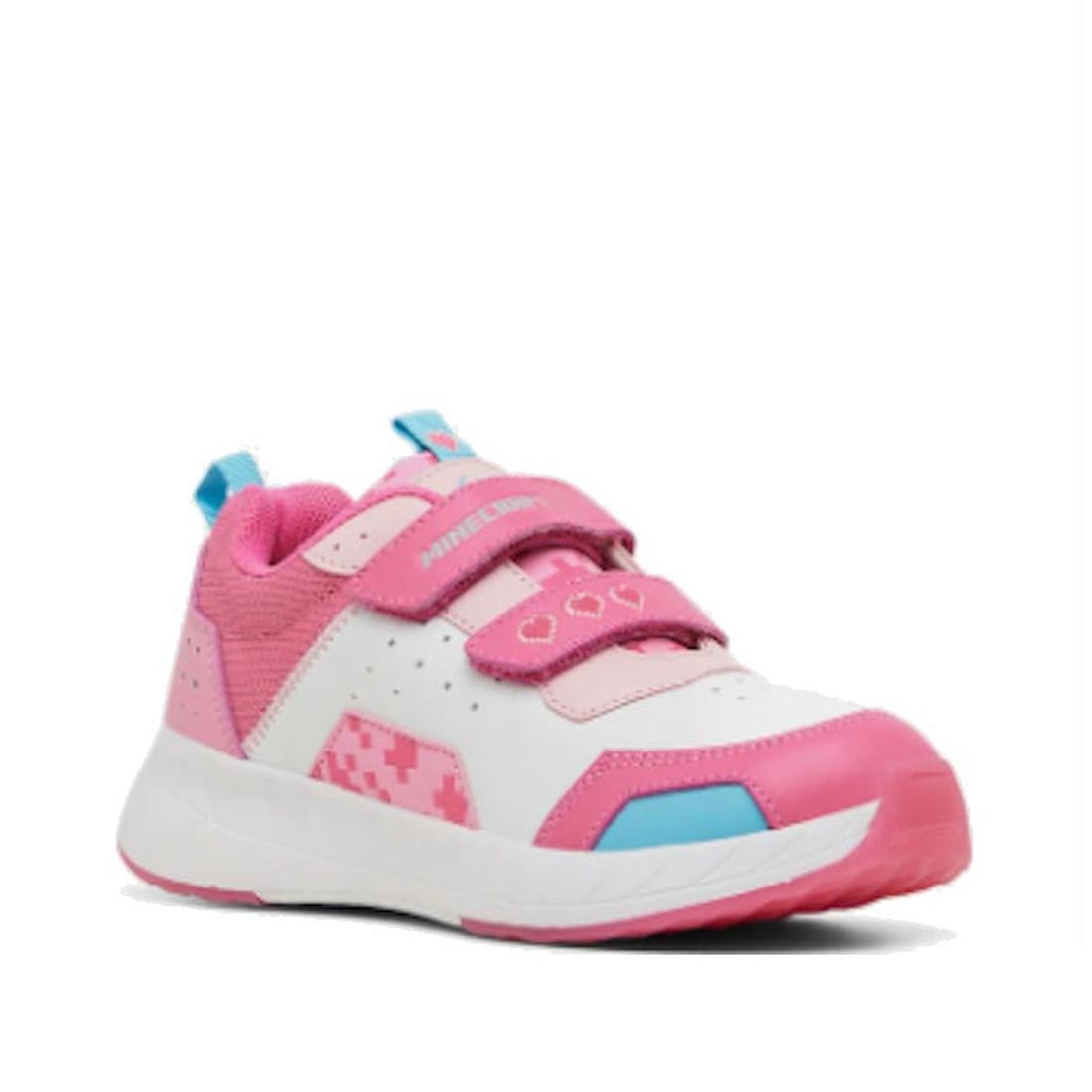 The Clarks Hendy Pink/White Minecraft Trainer Shoes are kids’ sneakers with blue accents, dual velcro straps (one with heart designs), a thick white sole, and durable mesh/synthetic build for a playful, sporty style.